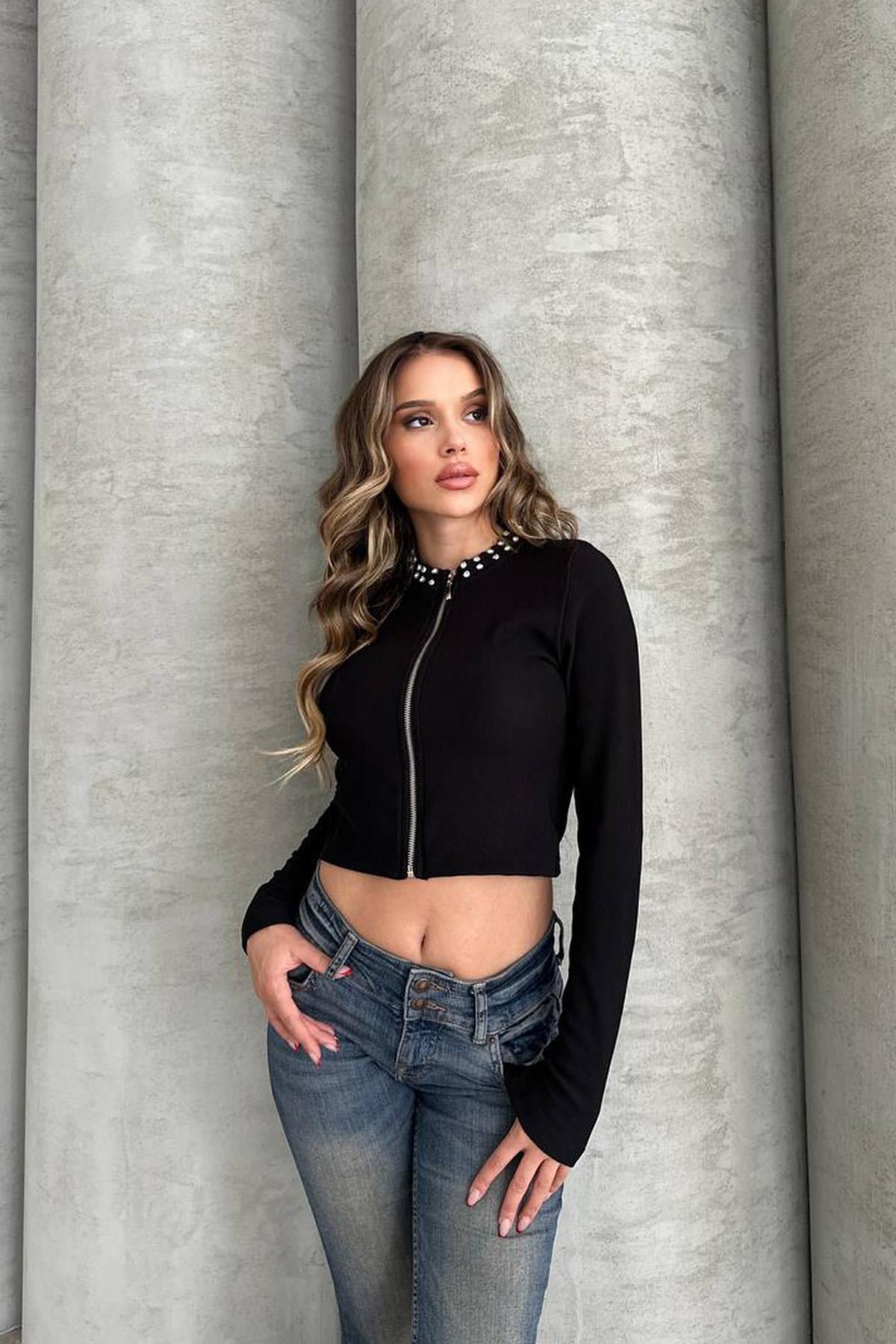 Taşlı Fermuarlı Crop