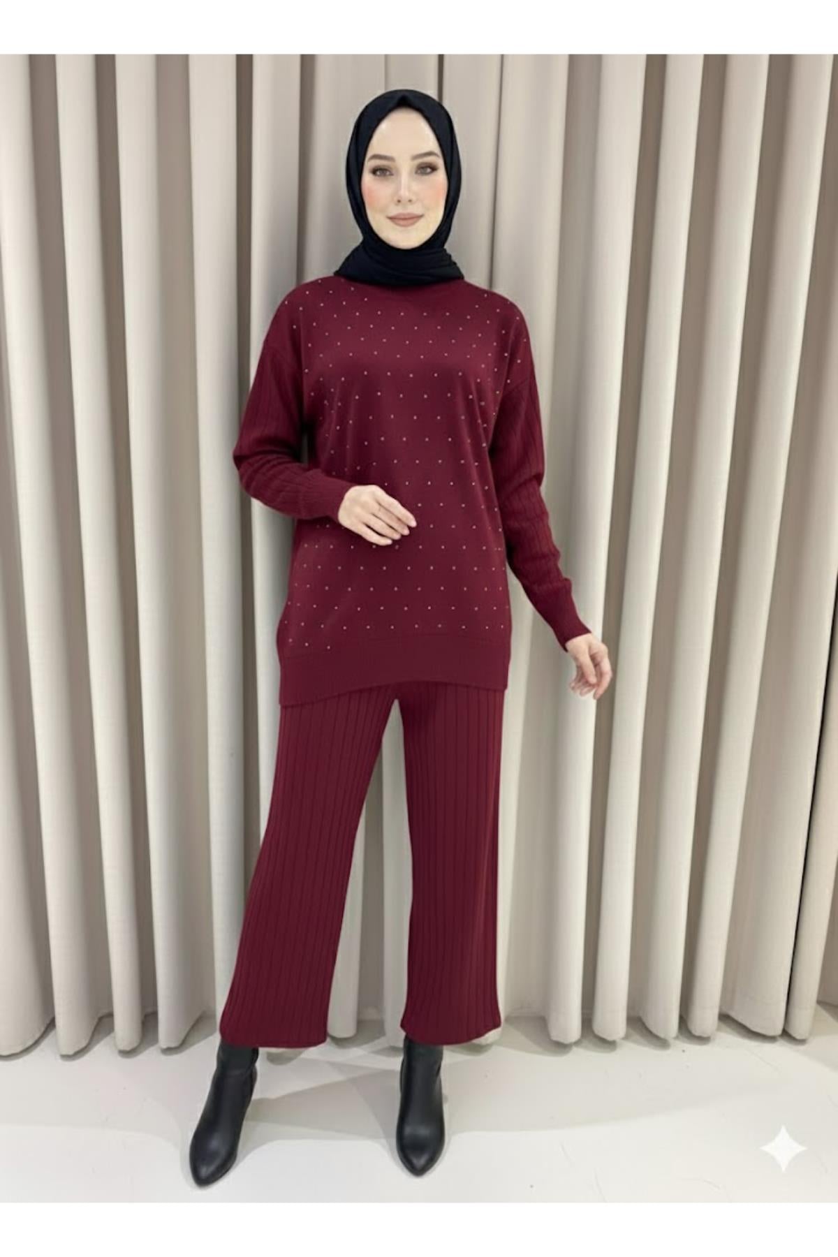 Taşlı Tunik Fitilli Pantolon İkili Takım