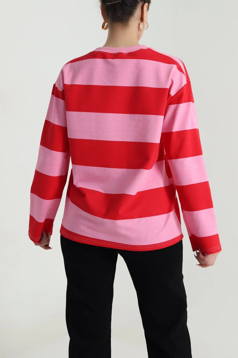 Uzun Kollu Çizgili Ayıcık Nakışlı Sweatshirt