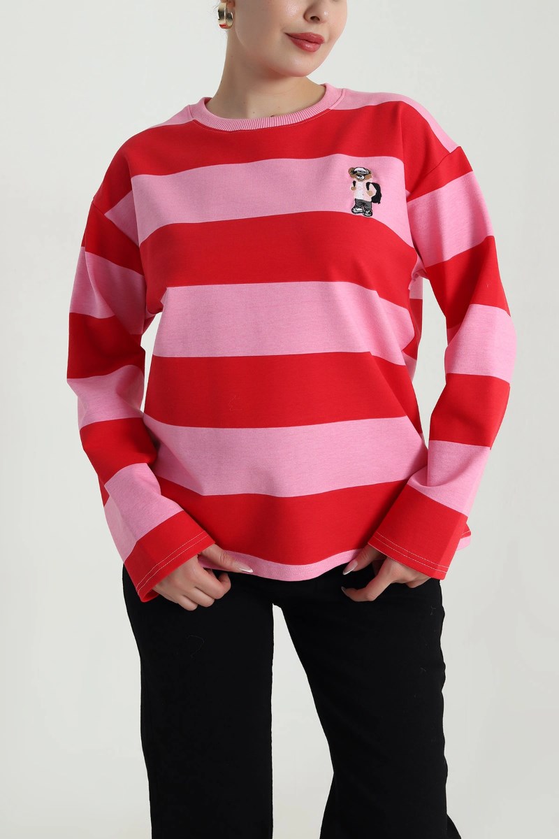 Uzun Kollu Çizgili Ayıcık Nakışlı Sweatshirt