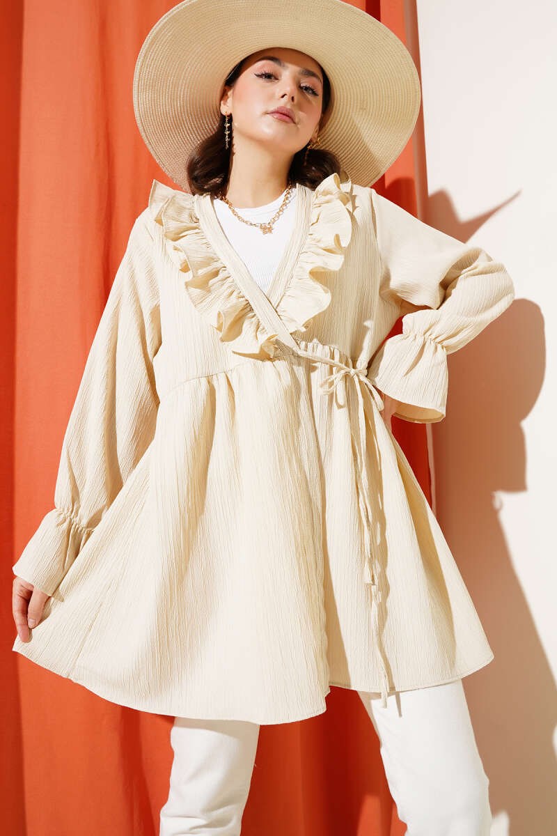 Yaka Fırfırlı Yan İp Bağlamalı Kimono