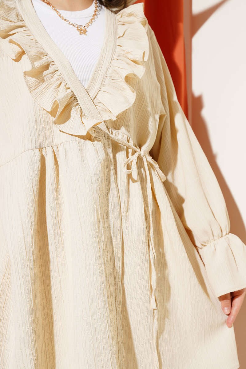 Yaka Fırfırlı Yan İp Bağlamalı Kimono
