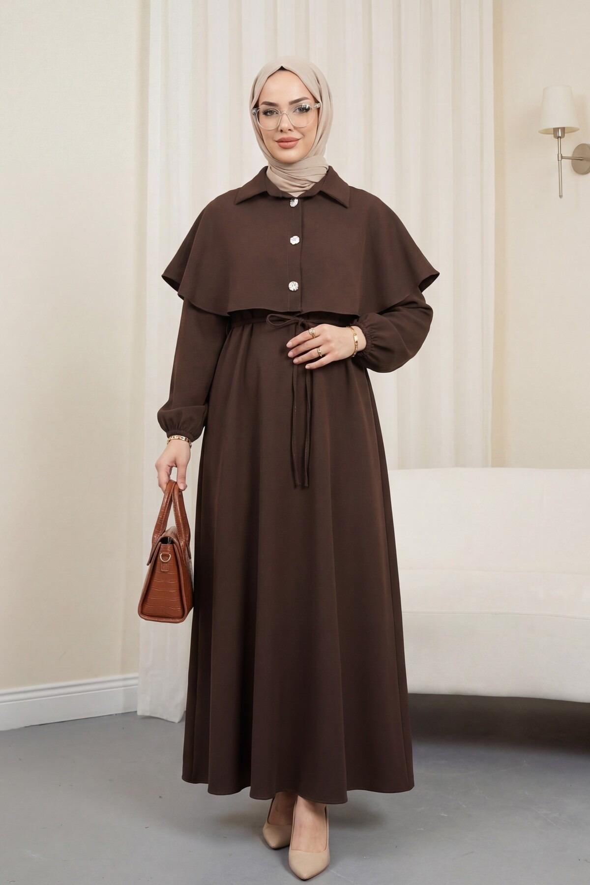 Yakalı Pelerin Detaylı Kolu Lastikli Elbise