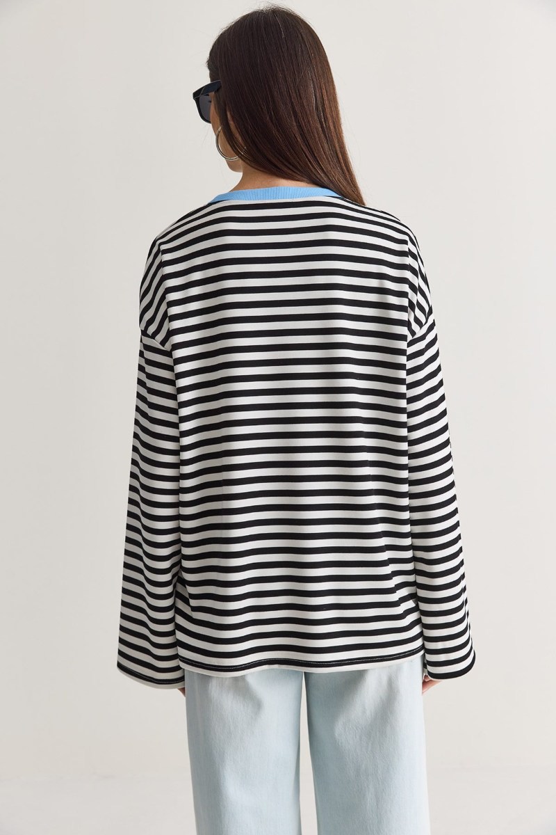 Yazı Baskılı Çizgili Bisiklet Yaka Oversize Uzun Kol Sweatshirt