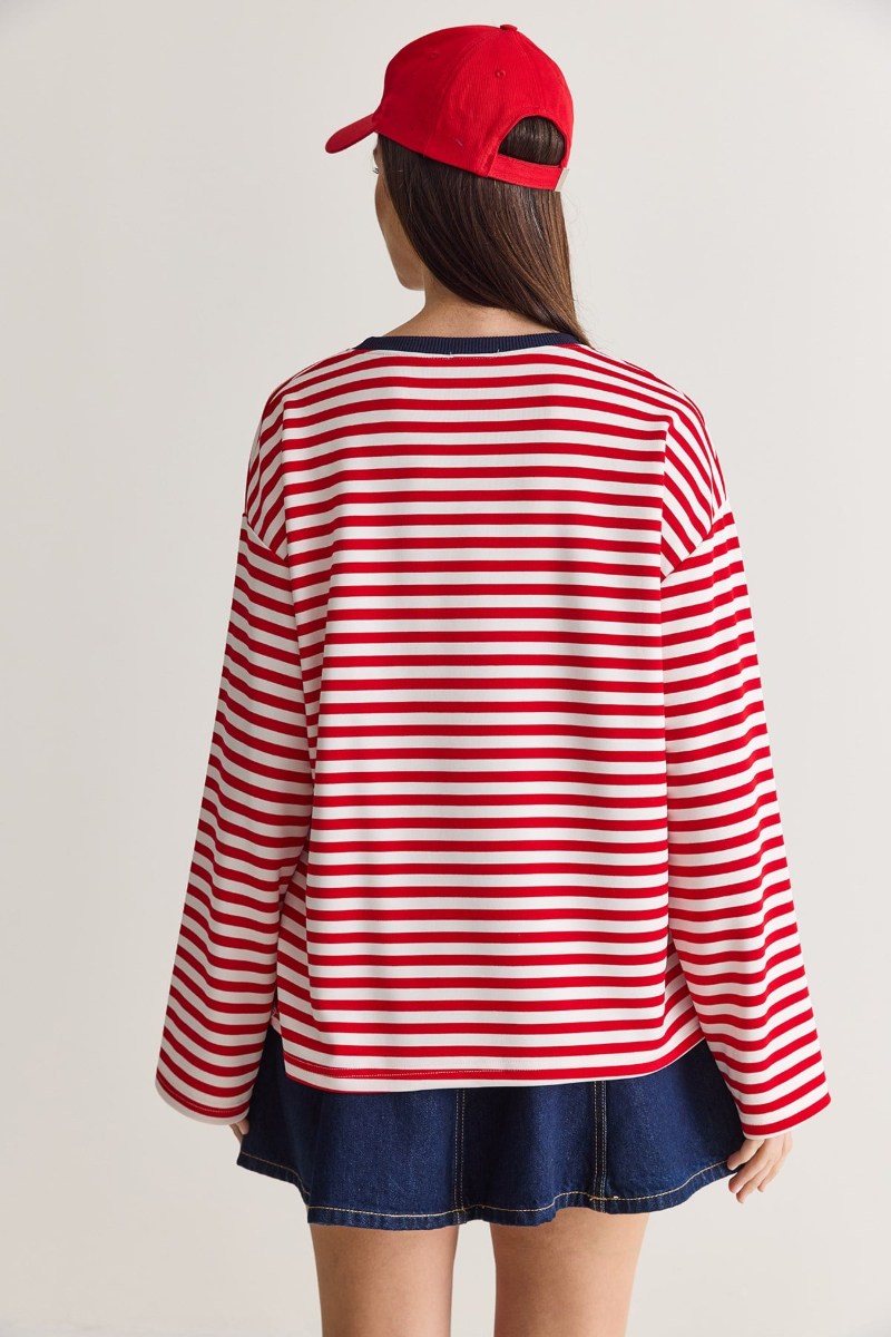 Yazı Baskılı Çizgili Bisiklet Yaka Oversize Uzun Kol Sweatshirt