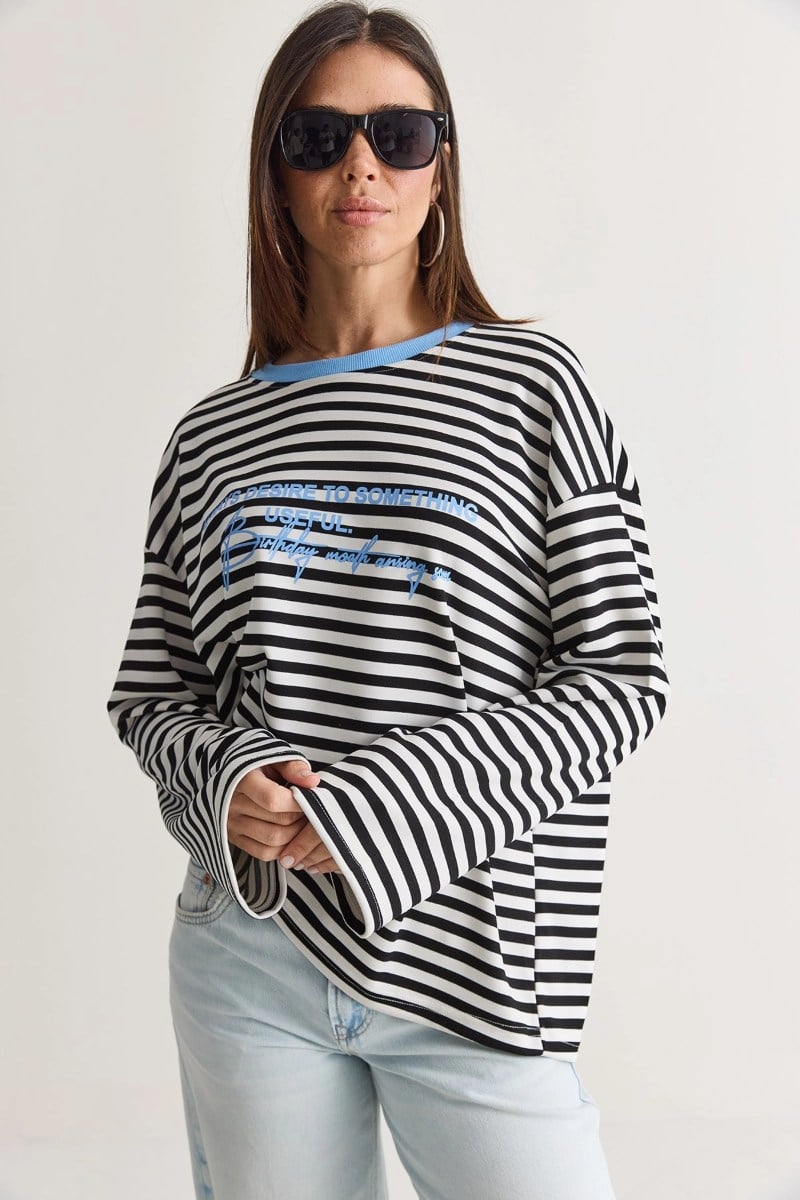 Yazı Baskılı Çizgili Bisiklet Yaka Oversize Uzun Kol Sweatshirt