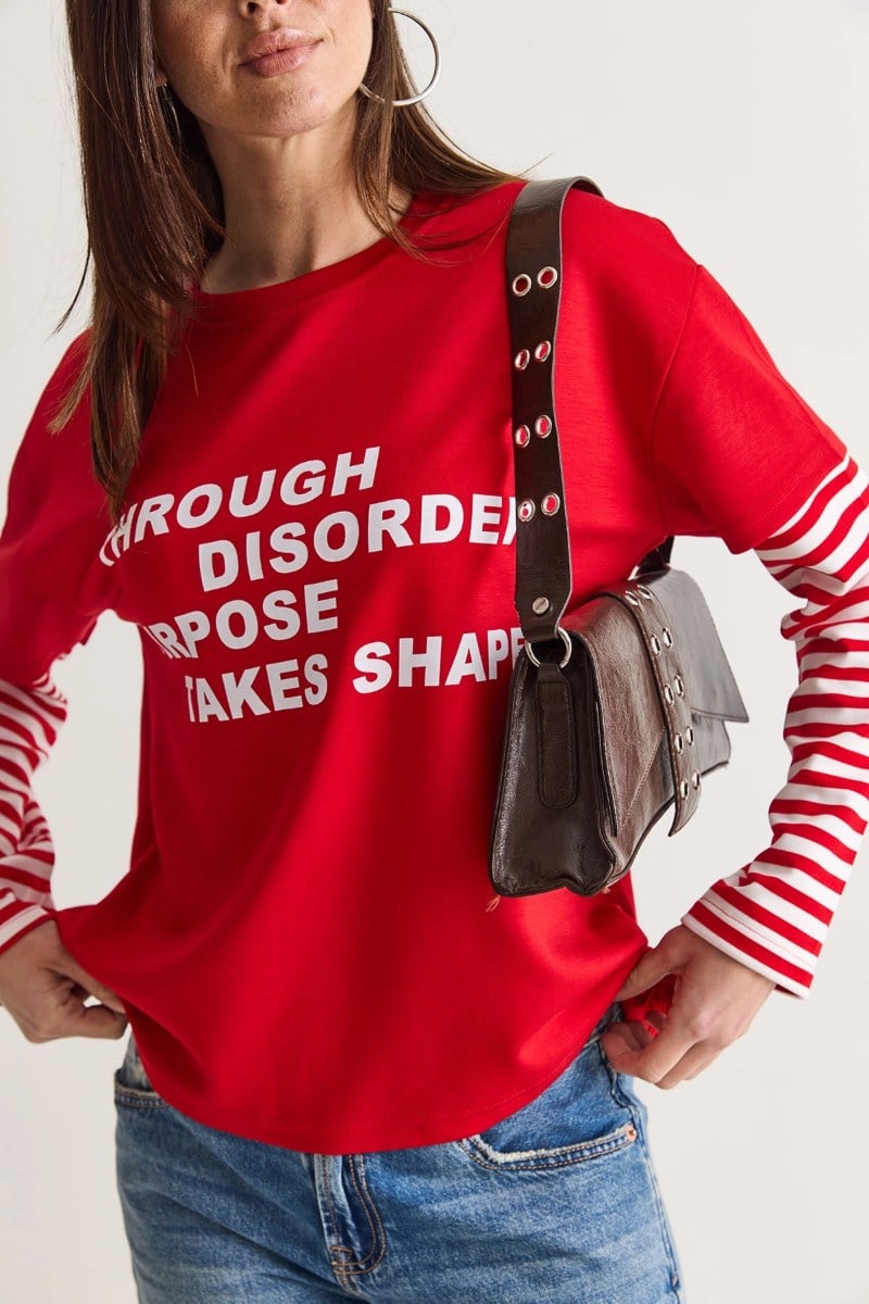 Yazı Baskılı Çizgili Katmanlı Kol Oversize Sweatshirt