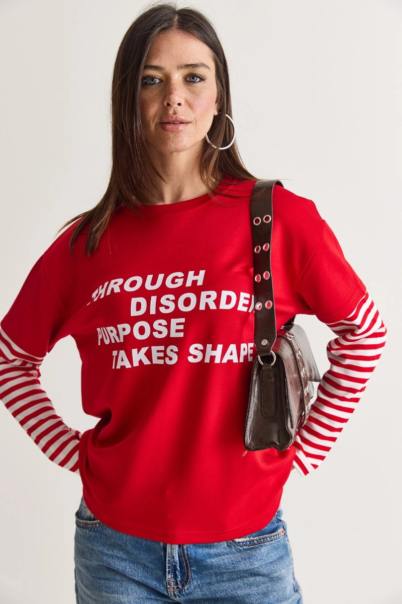 Yazı Baskılı Çizgili Katmanlı Kol Oversize Sweatshirt