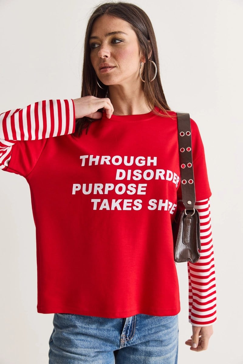 Yazı Baskılı Çizgili Katmanlı Kol Oversize Sweatshirt