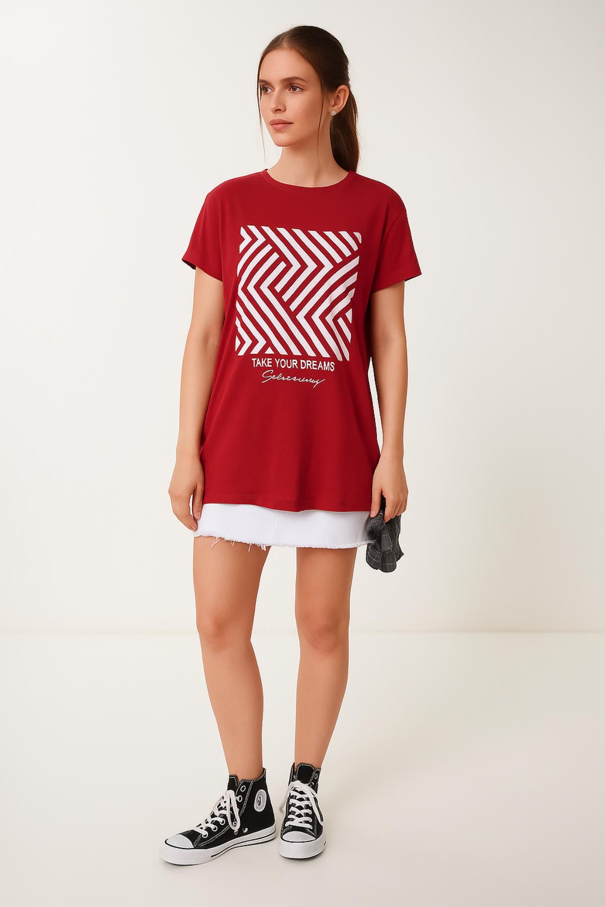 Zikzak Desen Baskılı Oversize Tshirt