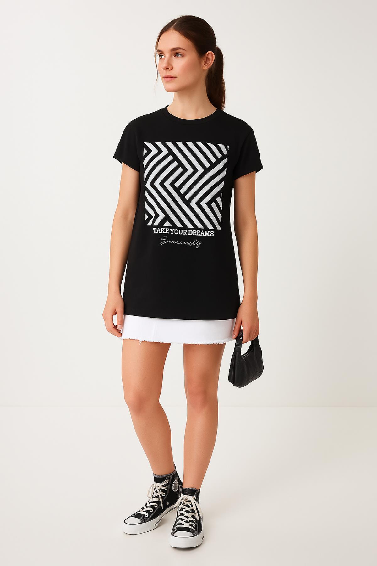 Zikzak Desen Baskılı Oversize Tshirt