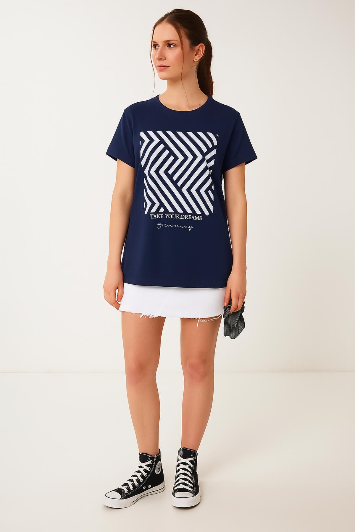 Zikzak Desen Baskılı Oversize Tshirt