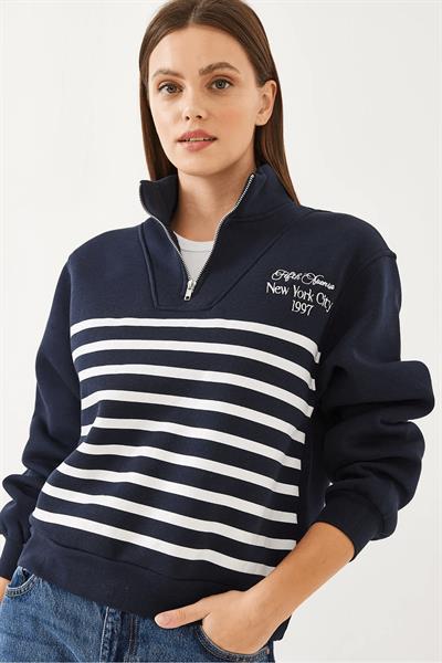 Altı Çizgili Yarım Fermuarlı Sweat