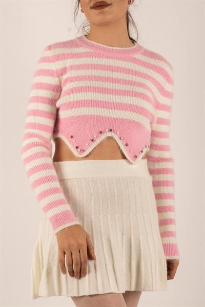 Altı Taşlı Çizgili Crop Kazak