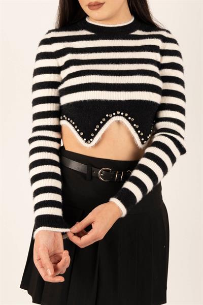 Altı Taşlı Çizgili Crop Kazak