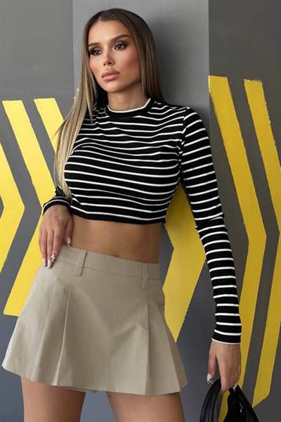 Arka Kemer Detaylı Uzun Kol Çizgili Crop