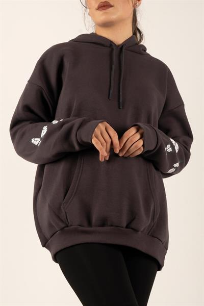 Arkası Desenli Kanguru Cep Üç İp Şardonlu Kapşonlu Sweat