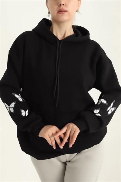 Arkası Desenli Kanguru Cep Üç İp Şardonlu Kapşonlu Sweat