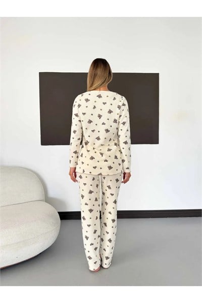 Ayıcık Desenli Overlok Dikişli Waffle Pijama Takımı