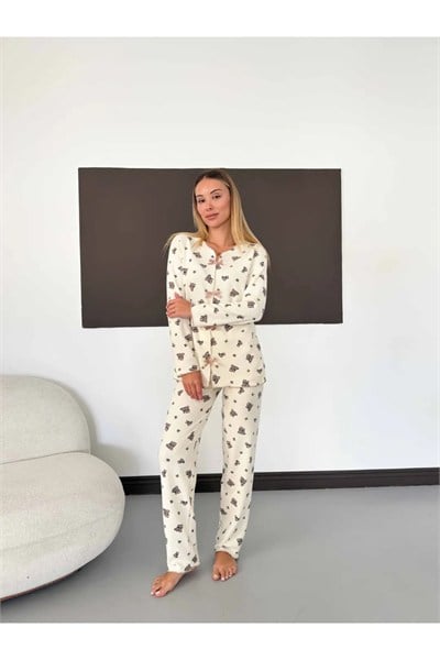 Ayıcık Desenli Overlok Dikişli Waffle Pijama Takımı
