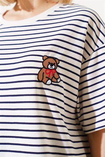 Ayıcık Nakışlı Çizgili Oversize Tshirt