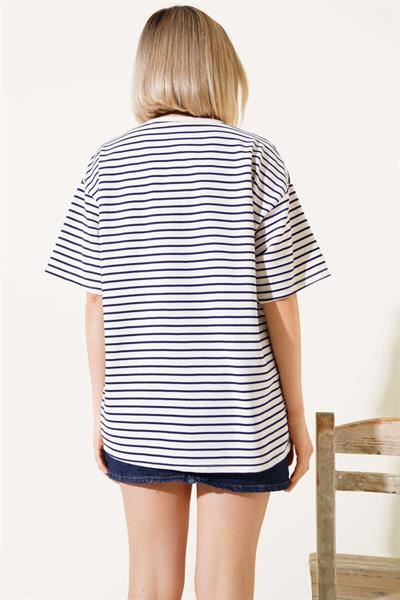 Ayıcık Nakışlı Çizgili Oversize Tshirt