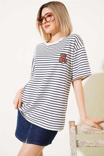 Ayıcık Nakışlı Çizgili Oversize Tshirt