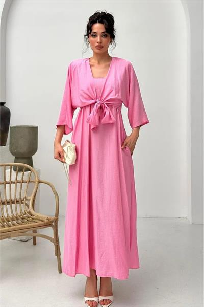 Bağlamalı Bluz Detay Askılı Elbise