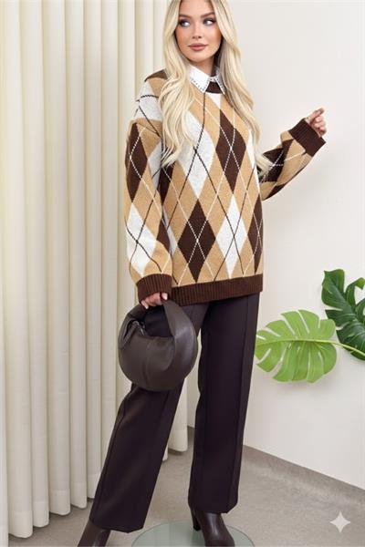 Baklava Desenli Bisiklet Yaka Triko Kazak