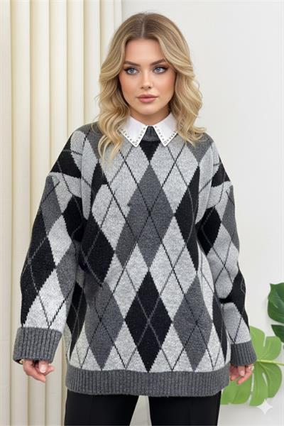 Baklava Desenli Bisiklet Yaka Triko Kazak