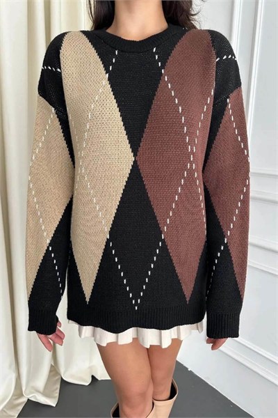 Baklava Desenli Oversize Triko Kazak