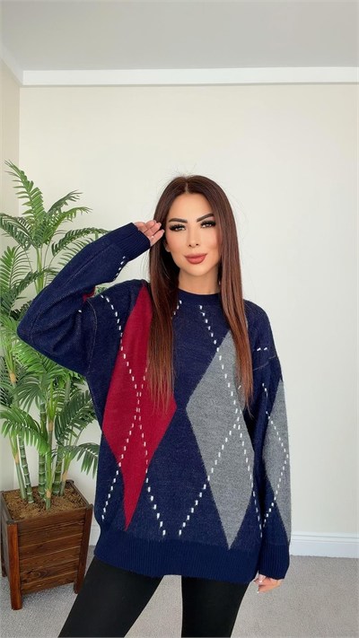 Baklava Desenli Oversize Triko Kazak