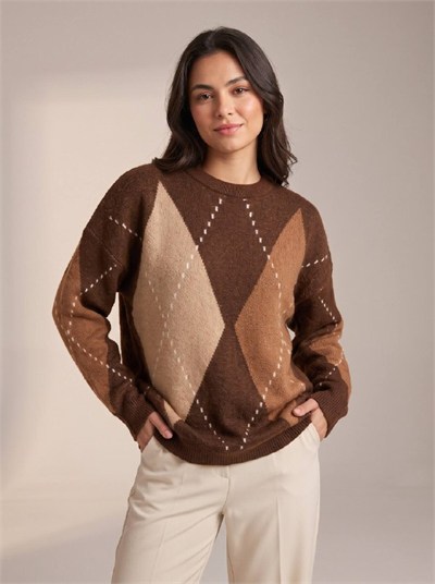 Baklava Desenli Oversize Triko Kazak