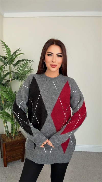 Baklava Desenli Oversize Triko Kazak