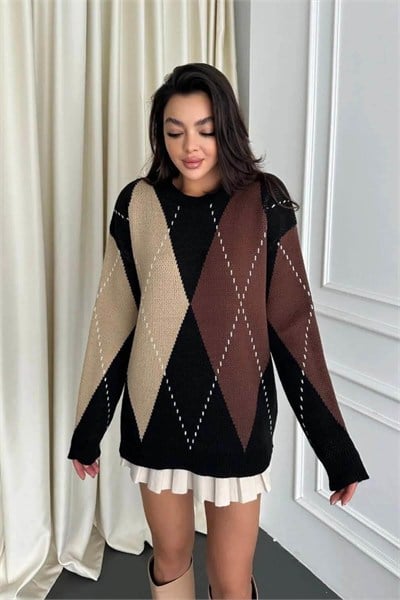 Baklava Desenli Oversize Triko Kazak