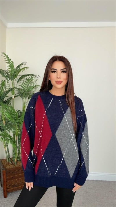 Baklava Desenli Oversize Triko Kazak