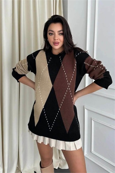 Baklava Desenli Oversize Triko Kazak