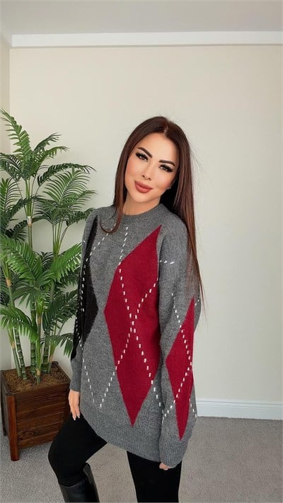 Baklava Desenli Oversize Triko Kazak