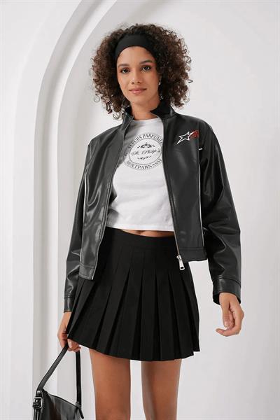 Baskılı Deri Ceket