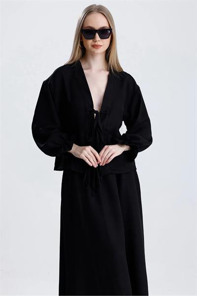 Bel Lastikli Cepli Çan Etek Ve Bağlamalı Bluz İkili Keten Takım