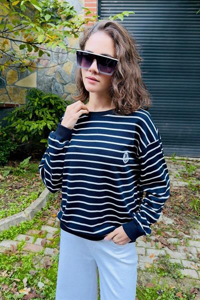 Beli Lastikli Çizgili Sweat