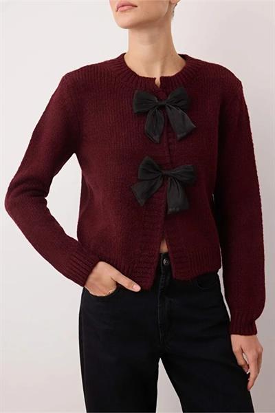 Bisiklet Yaka Kurdele Detaylı Triko Hırka