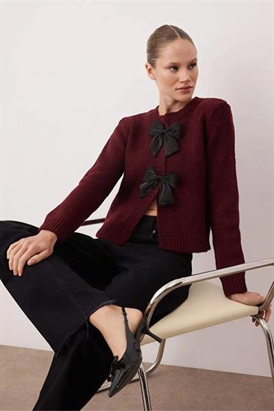 Bisiklet Yaka Kurdele Detaylı Triko Hırka