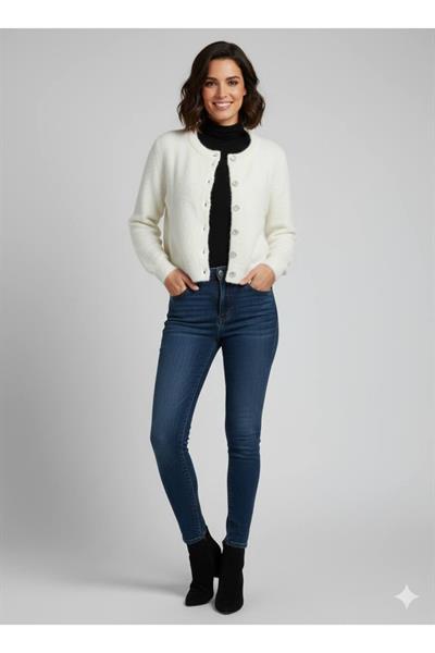 Bisiklet Yaka Sakallı İnci Düğmeli Triko Hırka