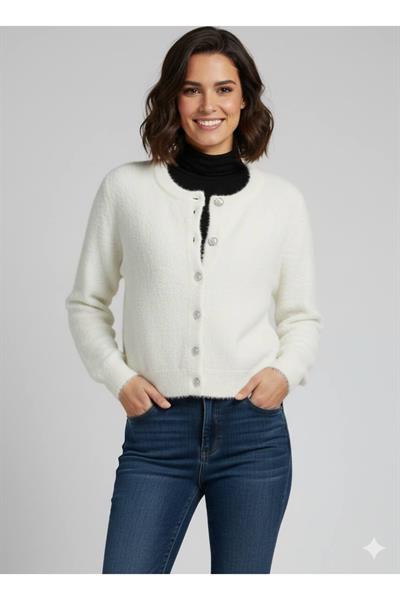 Bisiklet Yaka Sakallı İnci Düğmeli Triko Hırka