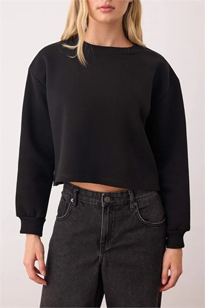 Bisiklet Yaka Şardonlu İki İplik Crop Sweat