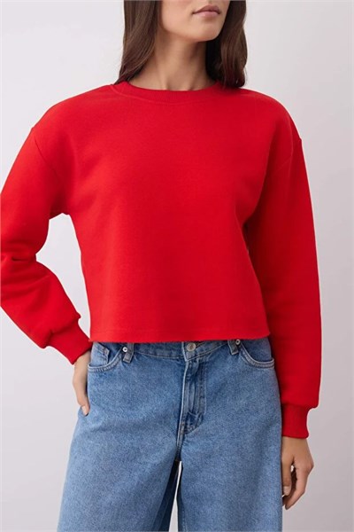 Bisiklet Yaka Şardonlu İki İplik Crop Sweat