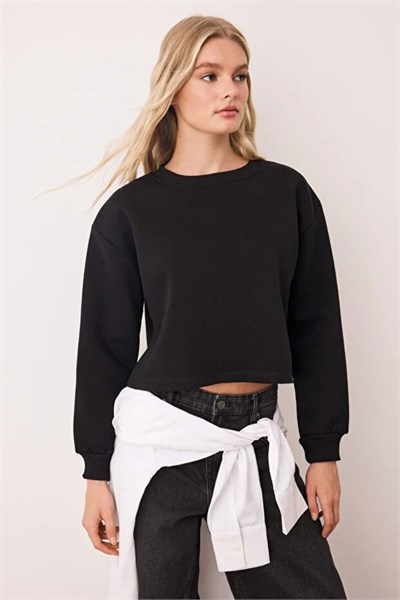 Bisiklet Yaka Şardonlu İki İplik Crop Sweat