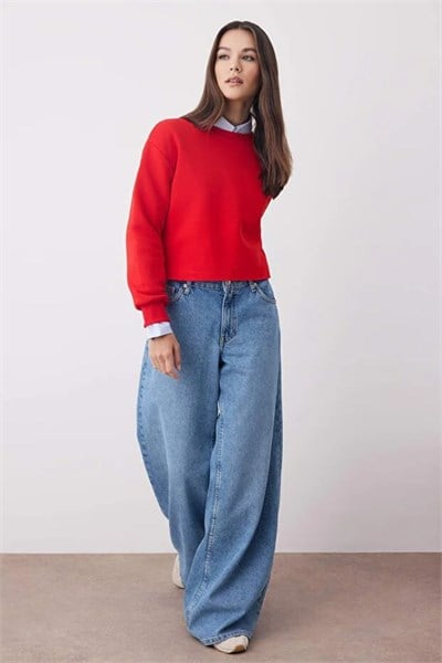 Bisiklet Yaka Şardonlu İki İplik Crop Sweat