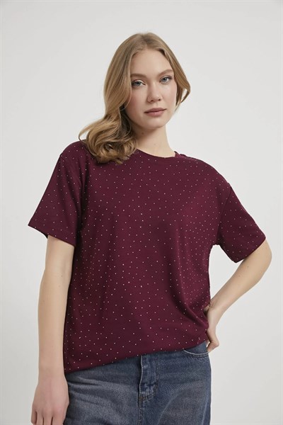 Bisiklet Yaka Serpme Taşlı Modal Tshirt